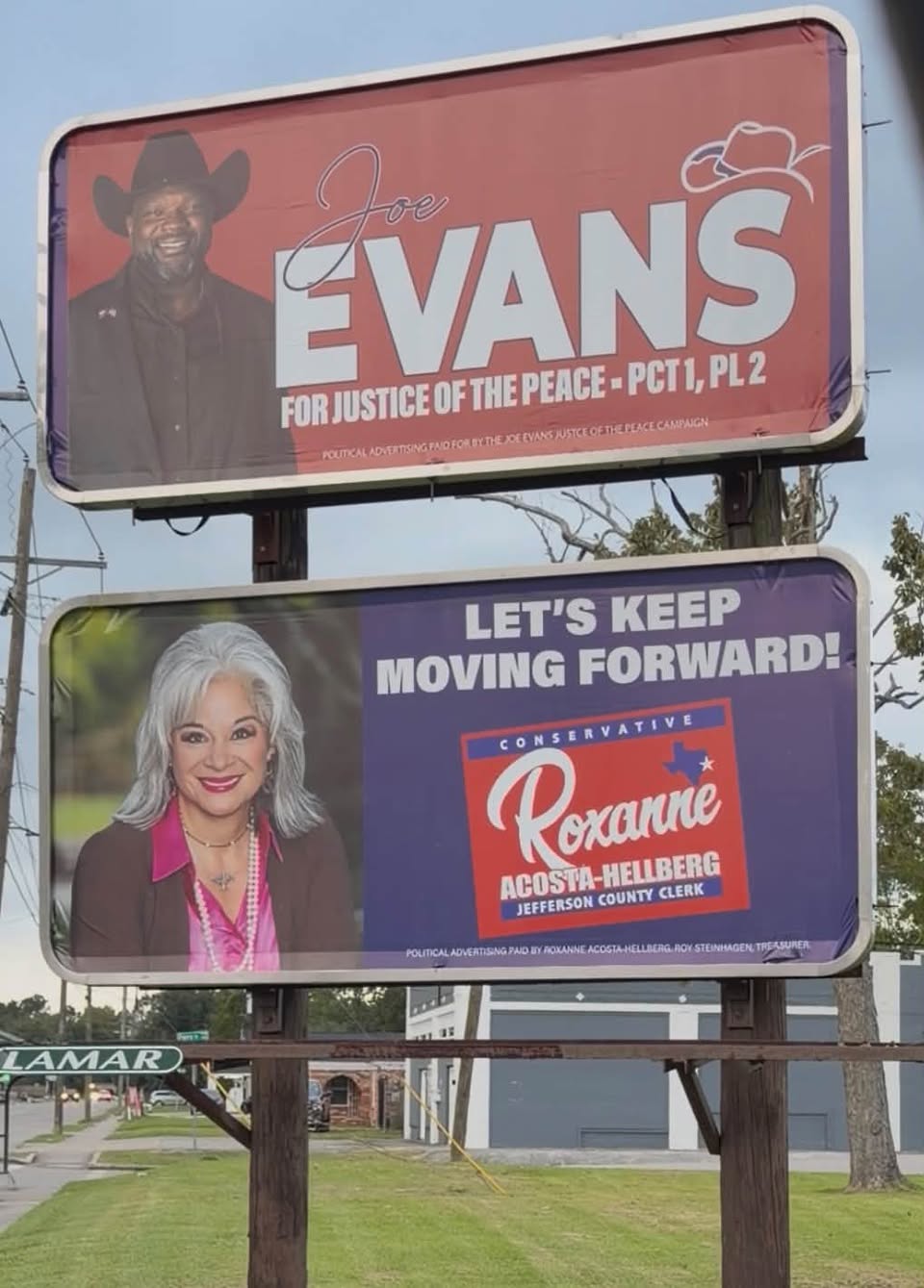 Roadside candidate billboards shared in the PAC’s October 12 update — photograph 1